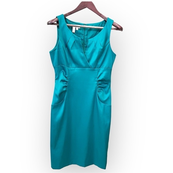 London Times Teal green satin cocktail dress, knee length, bodycon, size 8 - Picture 7 of 16